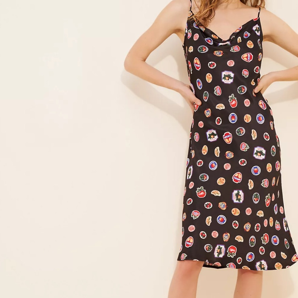 Anthropologie Maeve Black Midi Dress with Fruit Sticker Print